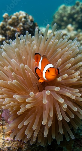 Close up shot of a clownfish nestled in an anemone underwater with coral in the background scene