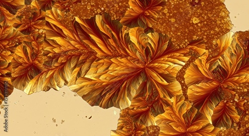 Microscopic crystalline formations of an organic compound with a radiant golden hue display