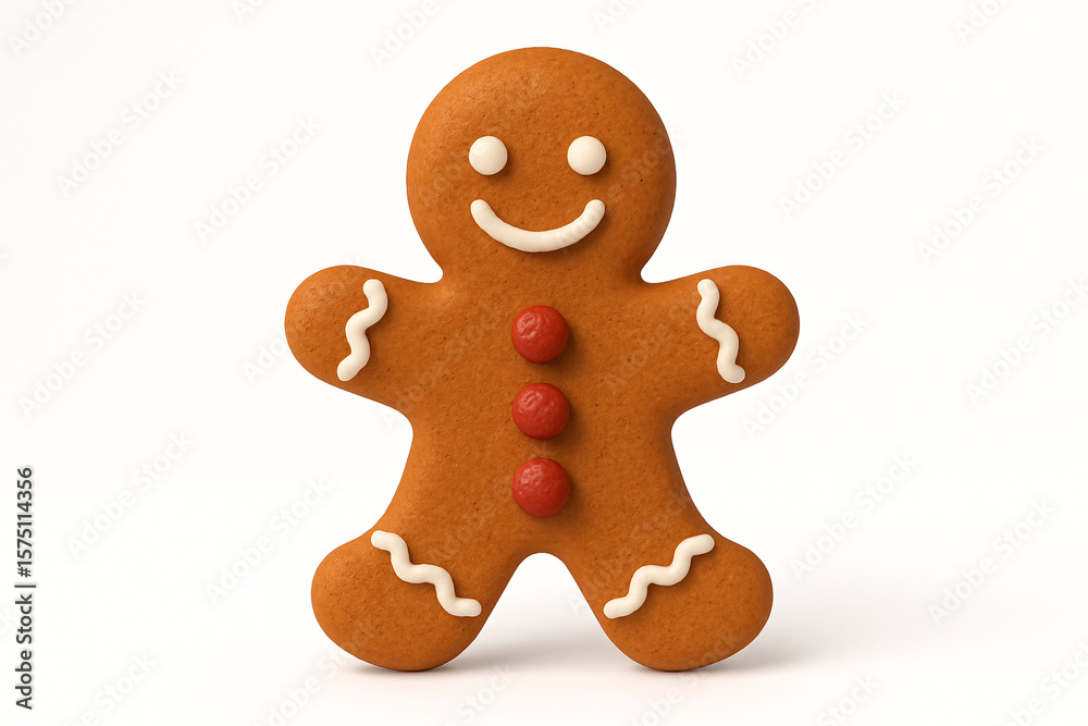 Obraz premium Close up of a single gingerbread man cookie with white icing and red buttons on a white background