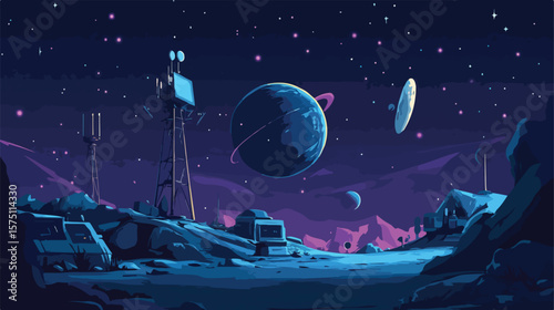 Space satellite broadcasting orbiting planet in night sky