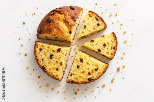 A top view of a sliced panettone with raisins on a white background with crumbs scattered around it