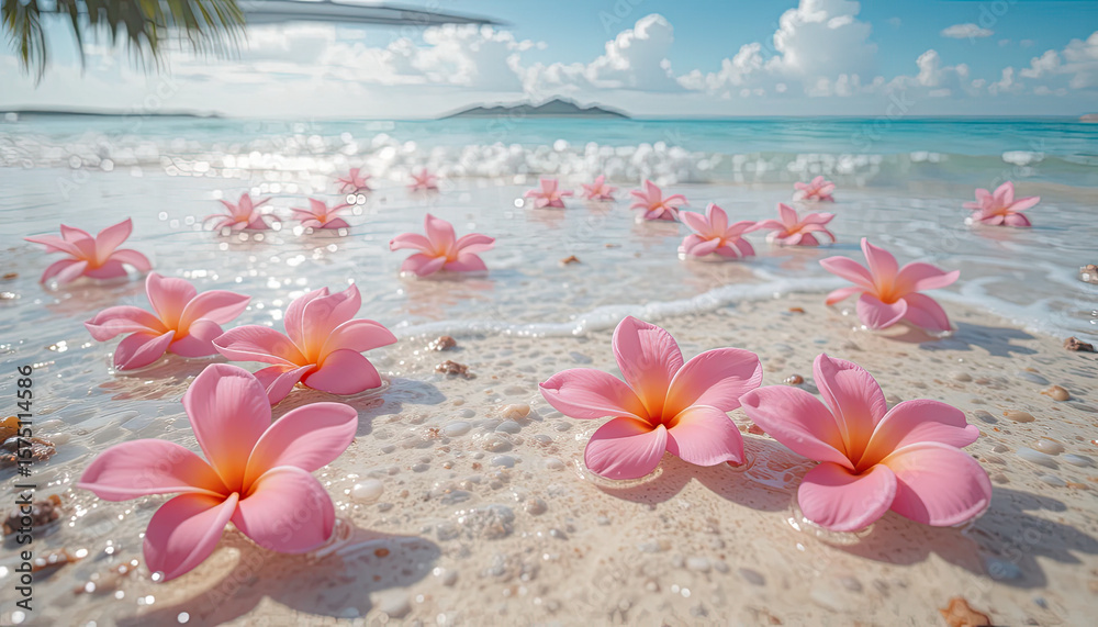 Pink tropical flowers scattered along the sandy beach shoreline with clear turquoise sea and blue sky background, representing paradise, travel, and nature beauty in summer coastal setting
Pink tropical flowers scattered along the sandy beach shoreline with clear turquoise sea and blue sky background, representing paradise, travel, and nature beauty in summer coastal setting