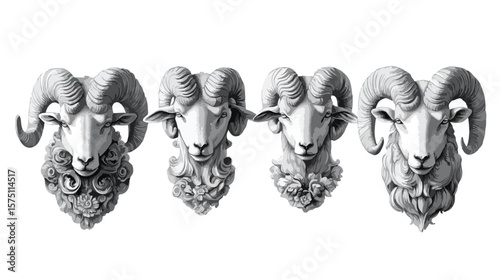 Monochrome Isolated Image of Four Sheep and Ram Heads