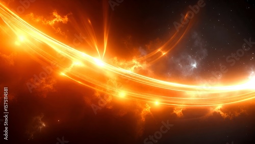 A vibrant cosmic scene with glowing orange and yellow light streaks swirling through space, surrounded by stars and nebulae.