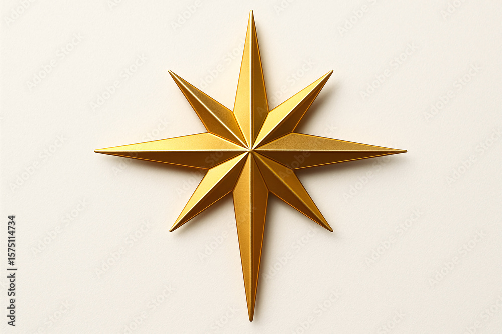 Obraz premium A radiant golden star with eight points shining brightly against a soft off white background view from above