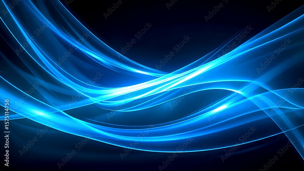 Naklejka premium Abstract blue light waves swirl gracefully against a dark background, creating a dynamic and futuristic visual effect.