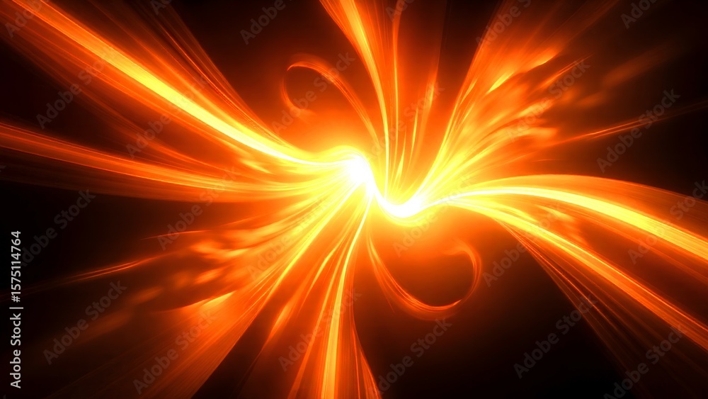 Obraz premium Bright orange and yellow swirling light patterns create a dynamic, abstract energy vortex against a dark background.