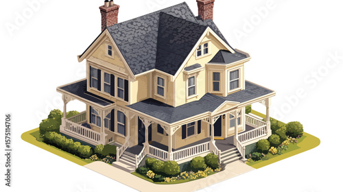 Isometric Suburban Home with Black Gable Roof