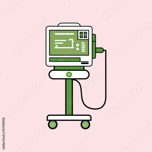 Illustration of a green and white ventilator medical device with a monitor screen and wheels, used in hospitals to help patients breathe, suitable for health-themed designs.