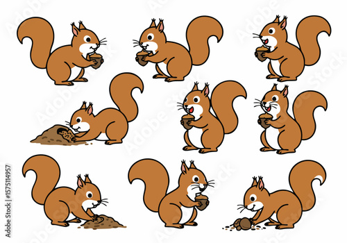 Collection of cute cartoon squirrel illustrations holding, burying, and digging up acorns.