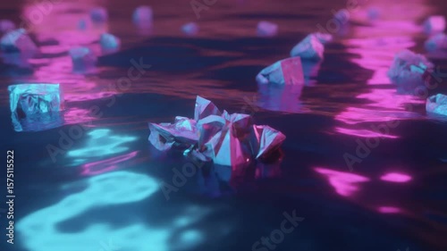 Short loop- dreamy floating debris over neon-lit water, 4K, 