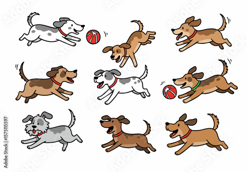 Set of cartoon dogs running and playing with a ball, illustrating energy, fun, and playful activity of pets.