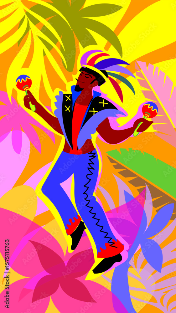 Obraz premium Carnival music festival dance songs. Cheerful dancing people in carnival costumes sing and dance young women and men at a masquerade festive abstract tropical background contemporary template vector