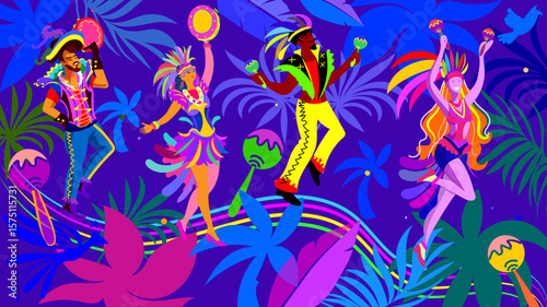 Carnival music festival dance songs. Cheerful dancing people in carnival costumes sing and dance young women and men at a masquerade festive abstract tropical background contemporary template vector