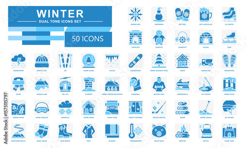 Winter dual tone icons set. contain snowflake, snowman, penguin, igloo, ski, winter coat, blanket, snowball, scarf, coat, sled and more. Vector for modern concept, UI, UX, web and app development.