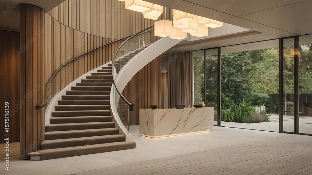 Fototapeta premium Modern reception with curved staircase marble desk and garden view