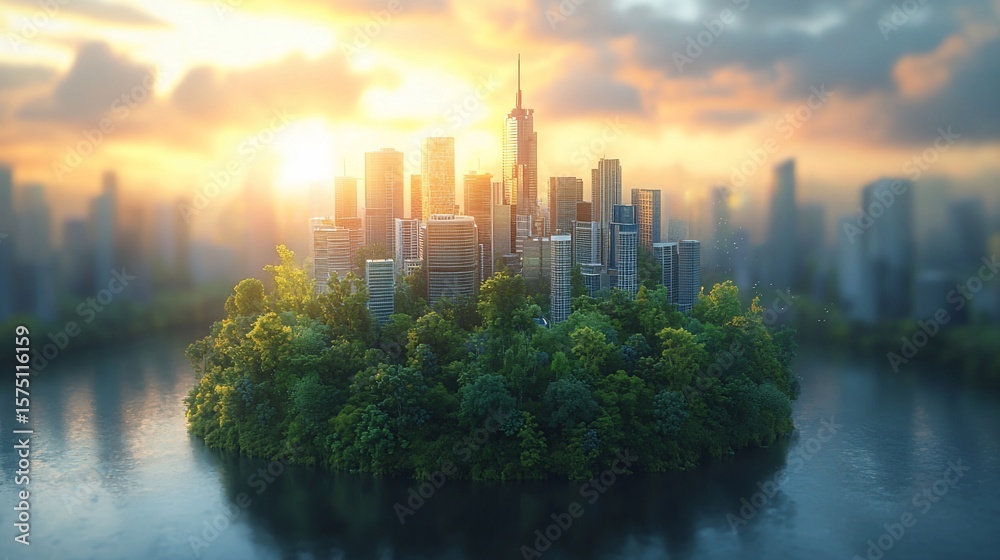 Fototapeta premium Lush Island Cityscape at Sunrise