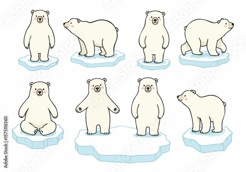 Cute Hand Drawn Cartoon Polar Bears Collection Standing, Walking, and Sitting on Ice Floes.