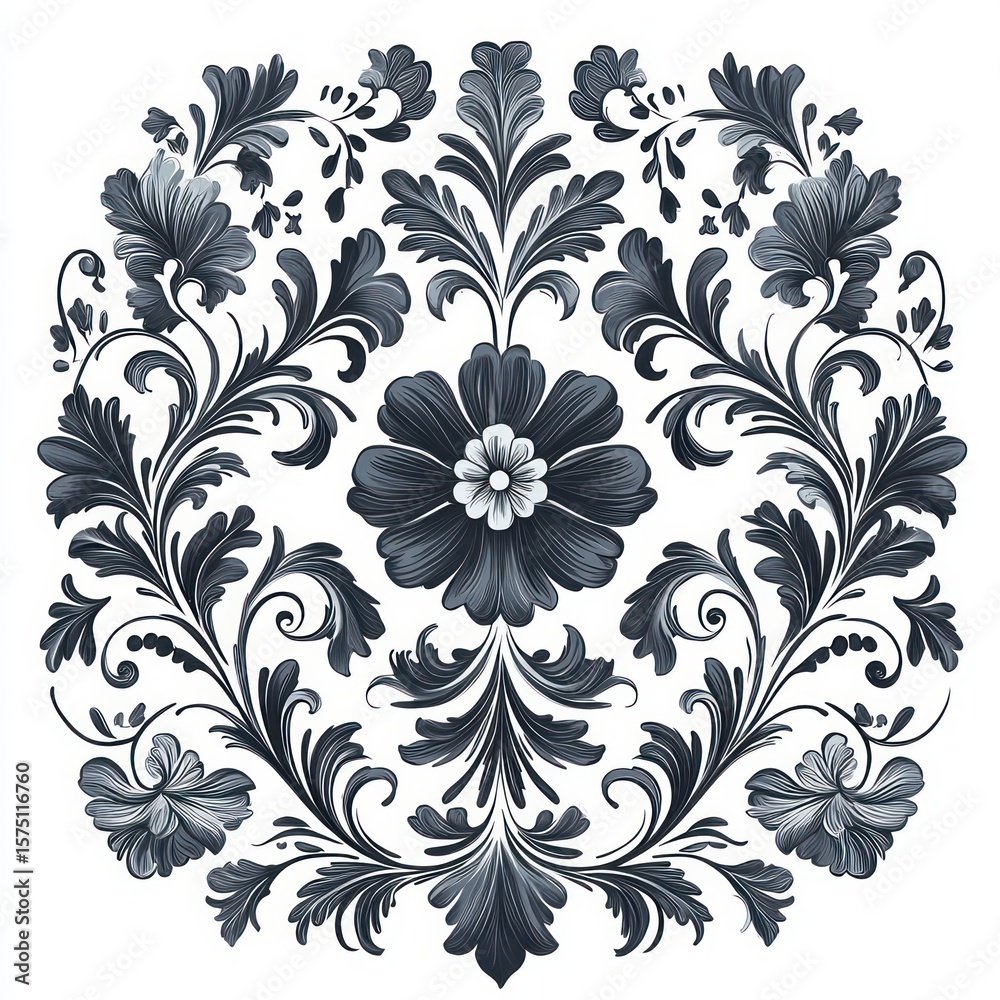 Fototapeta premium Intricate symmetrical floral design with elegant black and gray leaves and flowers on a white background, showcasing detailed swirls and natural forms in a decorative pattern