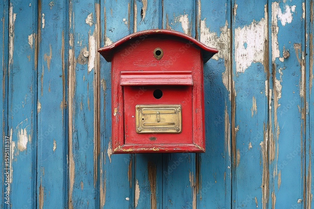 old red mailbox mounted on a weathered blue wooden wall with peeling paint old red mailbox mounted on a weathered blue wooden wall with peeling paint