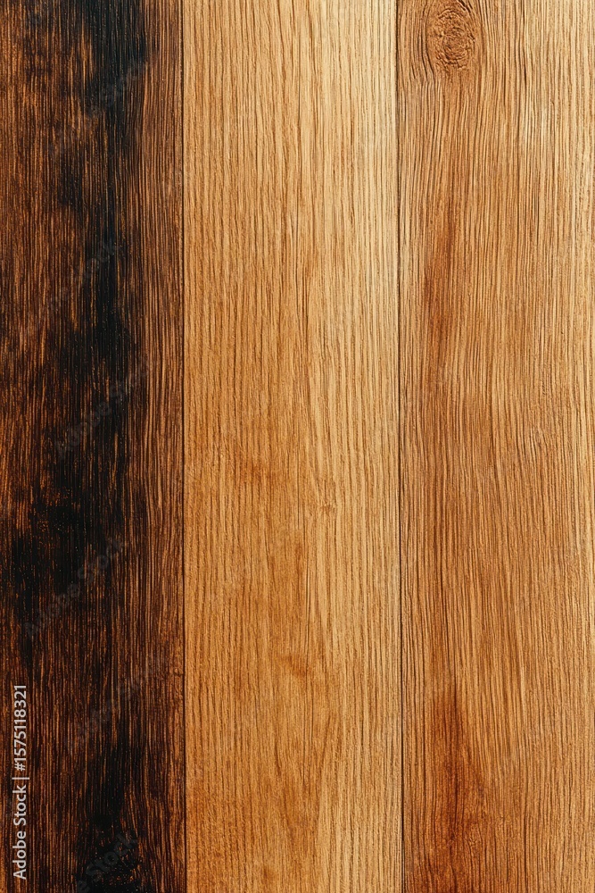 Naklejka premium Close-up of wooden planks with distinct vertical grain patterns and varying shades from dark brown to light oak