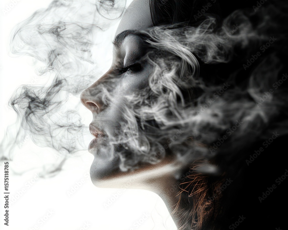 Fototapeta premium close-up profile of a serene woman surrounded by swirling smoke creating a mysterious and ethereal atmosphere