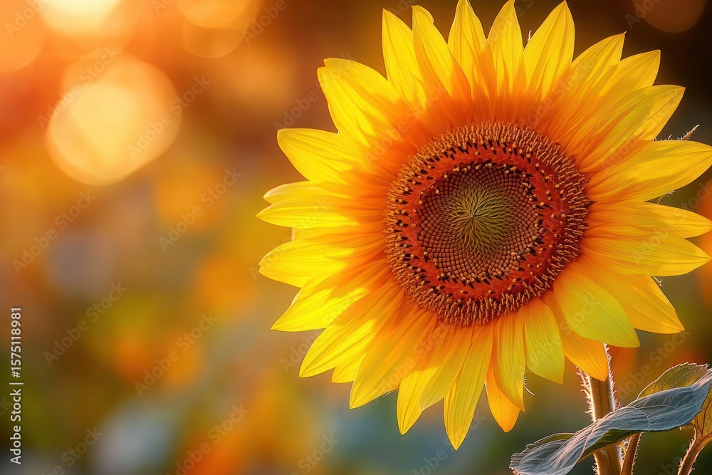 Fototapeta premium bright yellow sunflower with detailed seeds and petals illuminated by warm golden sunlight against a blurred background evoking happiness and warmth