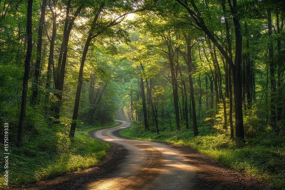 Fototapeta premium Curving dirt path winding through a lush green forest illuminated by soft golden sunlight filtering through tall trees