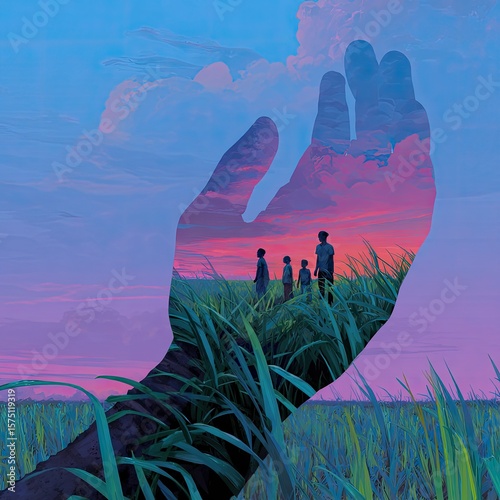 Hand holding family, field, sunset.  Possible poster