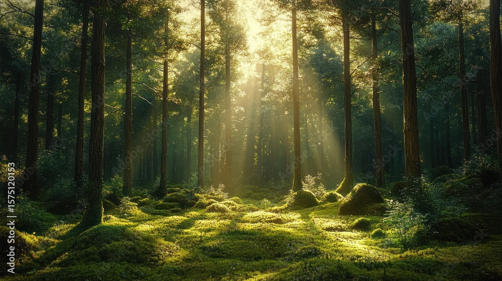 Fototapeta premium Sunlight filtering through tall trees in a dense forest illuminating a moss-covered forest floor with serene and peaceful atmosphere