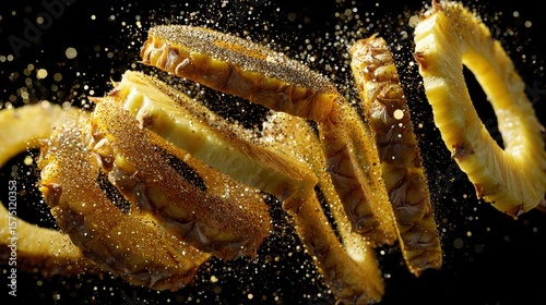 Sliced pineapple rings with glitter suspended in air against a black studio background shot close up