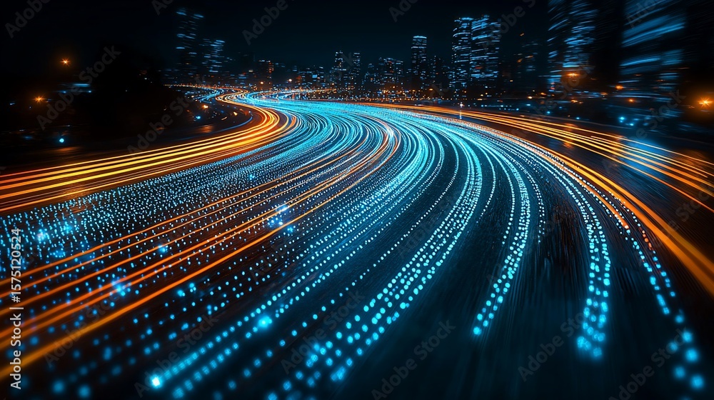 Obraz premium City Expressway at Night with Light Trails and Data Points