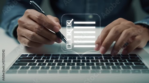 Wallpaper Mural Man Reviews Checklist on Laptop with Light Blue Shirt Close Up of Hands Holding Pen Modern Technology Business Concept for Adobe Stock Torontodigital.ca