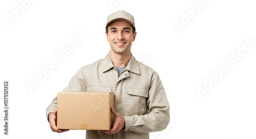Delivery man in neutral uniform holding a cardboard box, isolated on white — reliable courier service worker with friendly expression