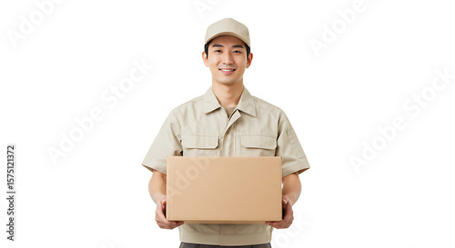 Delivery man in neutral uniform holding a cardboard box, isolated on white — reliable courier service worker with friendly expression