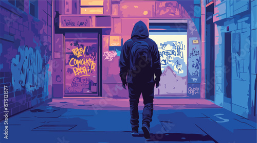 Urban Hooded Hooligan Walking Through City Streets Leaving Graffiti