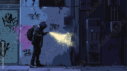 Hooded Hooligan Spraying Graffiti on Dirty Building