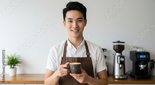 Barista in brown apron holding a cup of coffee and smiling, isolated on white — modern coffee service and hospitality worker