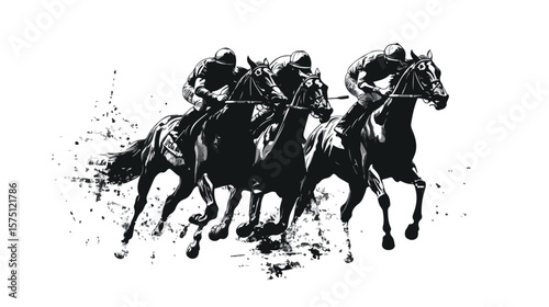 Dynamic Black and White Vector Illustration of Horse Racing