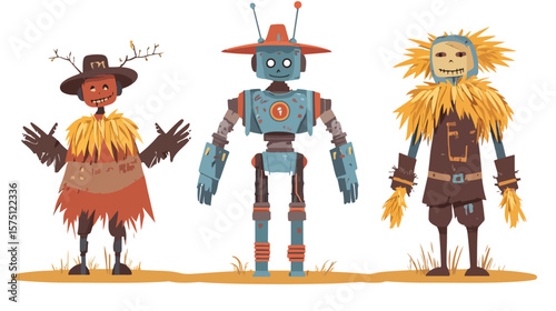 Futuristic Humanoid Robot with Scarecrows Cartoon Character