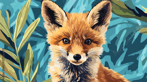 Cute Baby Fox in Jungle with Blue Background