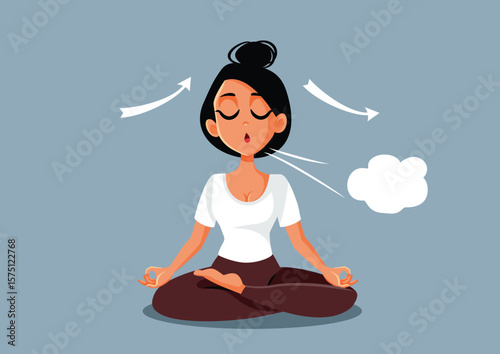Woman Doing a Breathing Exercise in Yoga Pose Vector Cartoon Design. Carefree girl trying relaxation and deep breathing for stress relief

