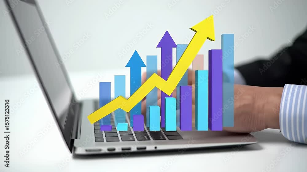 Man Using Laptop Showing Yellow Arrow and Blue Growing Chart on White Desk in Bright Office Demonstrating Success