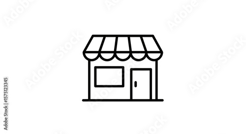 Outline drawing of a storefront with awning and window and door icon