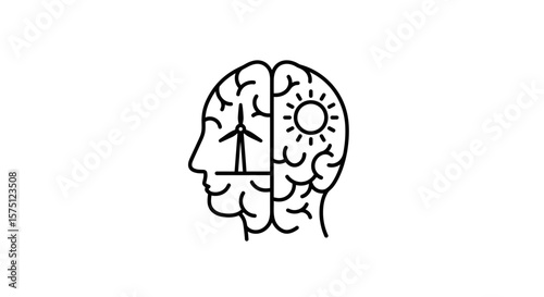 Human brain profile with wind turbine and sun symbol inside the brain halves