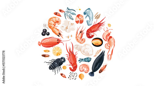Seafood Circle Pattern Illustration with Various Seafood Illustrations in a Circular Design