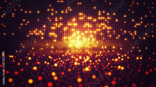 Glowing orange and yellow particles forming a dynamic grid pattern creating a warm, radiant light effect with a sense of digital energy and movement