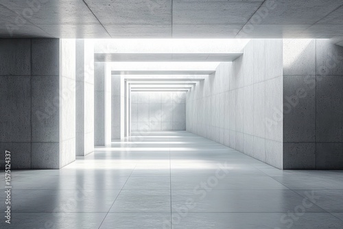 Minimalist modern corridor with bright natural light streaming through structural beams creating geometric shadows on smooth concrete surfaces