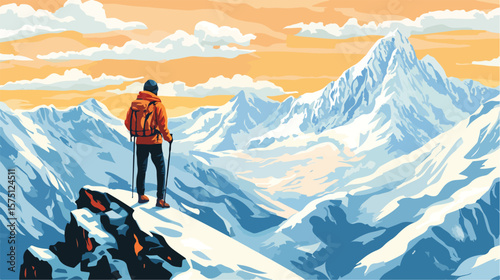 Adventure Seeker Hiking to Majestic Mountain Peak Illustration