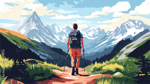 Adventurous Man Hiking Mountain Trail with Backpacks